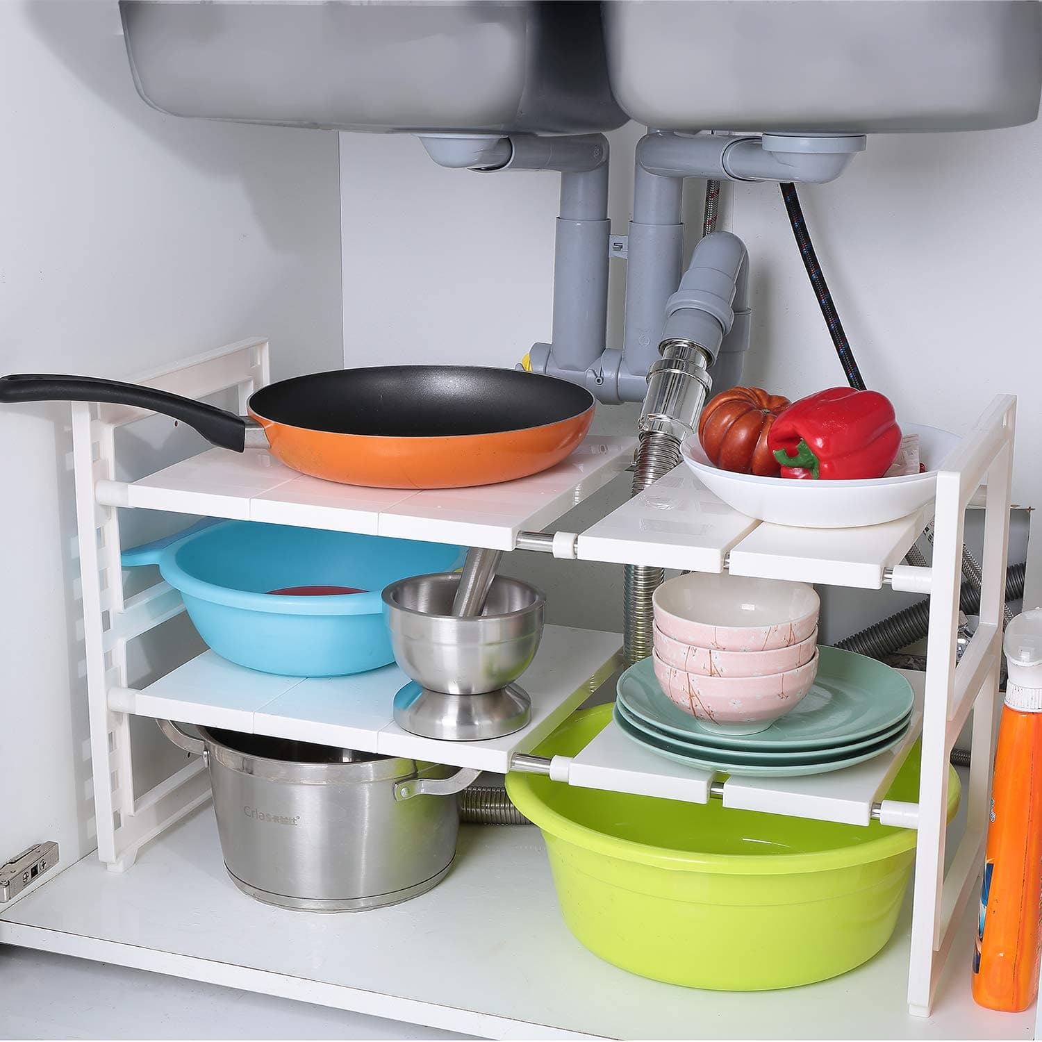 Expandable Under Sink Organizer - 2 Tier Multifunctional Storage Rack with Removable Shelves and Steel Pipes for Kitchen, Bathroom and Garden