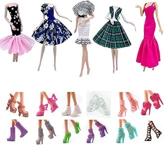 Fashion Doll Clothes Dress and Accessories 5 Sets Doll Dress Outfits + 12 Pairs Random Style Shoes for 11.5" Girl Dolls (Style A)