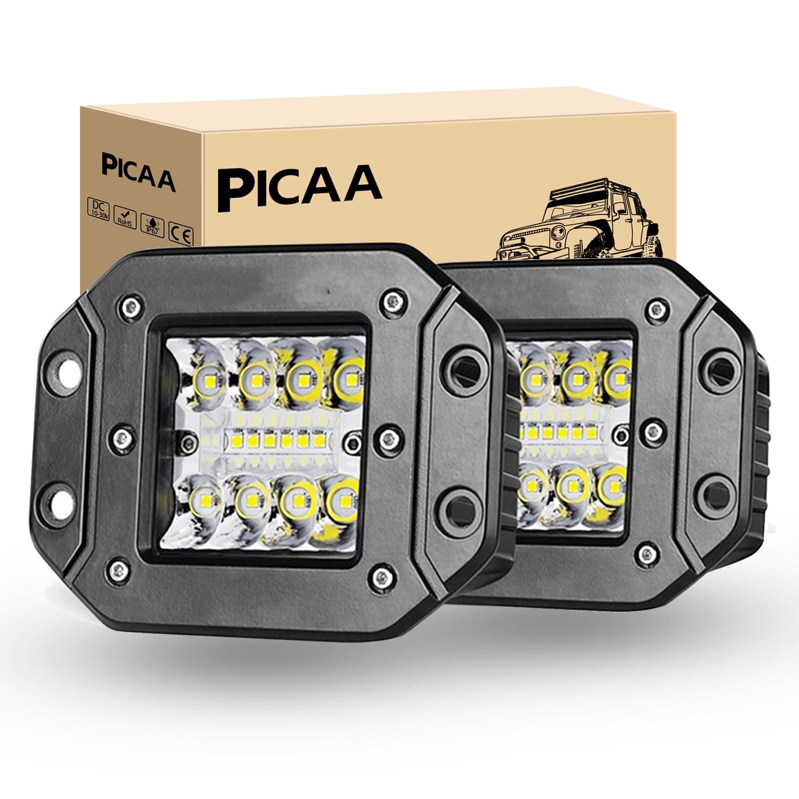 PICAA 2PCS 42W Flush Mount LED Light Pods Upgraded Spot Flood Combo Beam Driving Light LED Work Light Backup Light Reverse Light Grill Mount Light for Offroad 4x4 Truck SUV 12V 24V