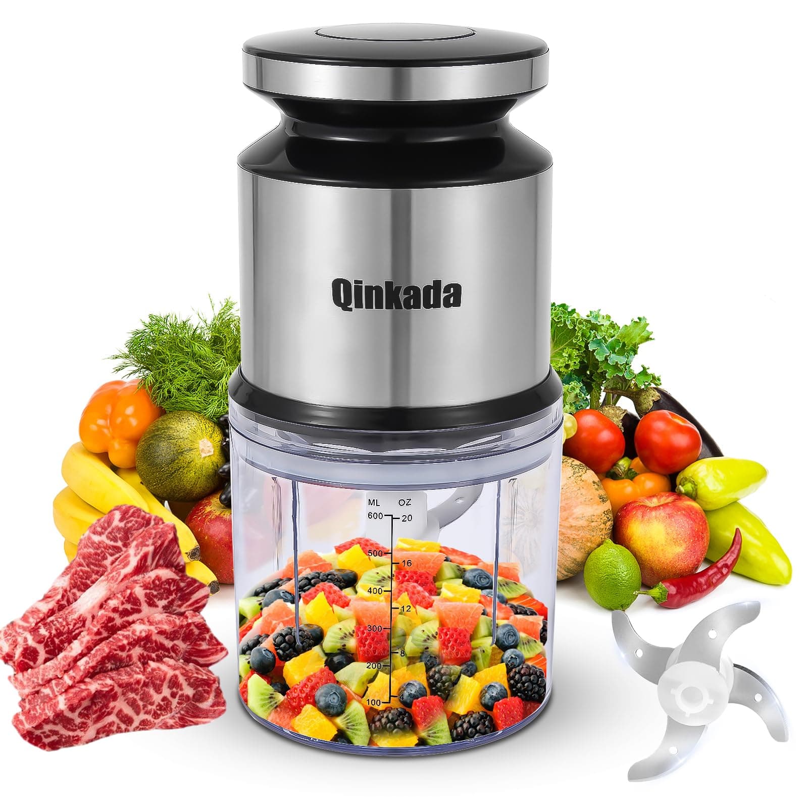 Qinkada Mini Food Processor 2.5 Cups/600ml Electric 400W Fruit Vegetable Meat Puree Baby Food (Silver)