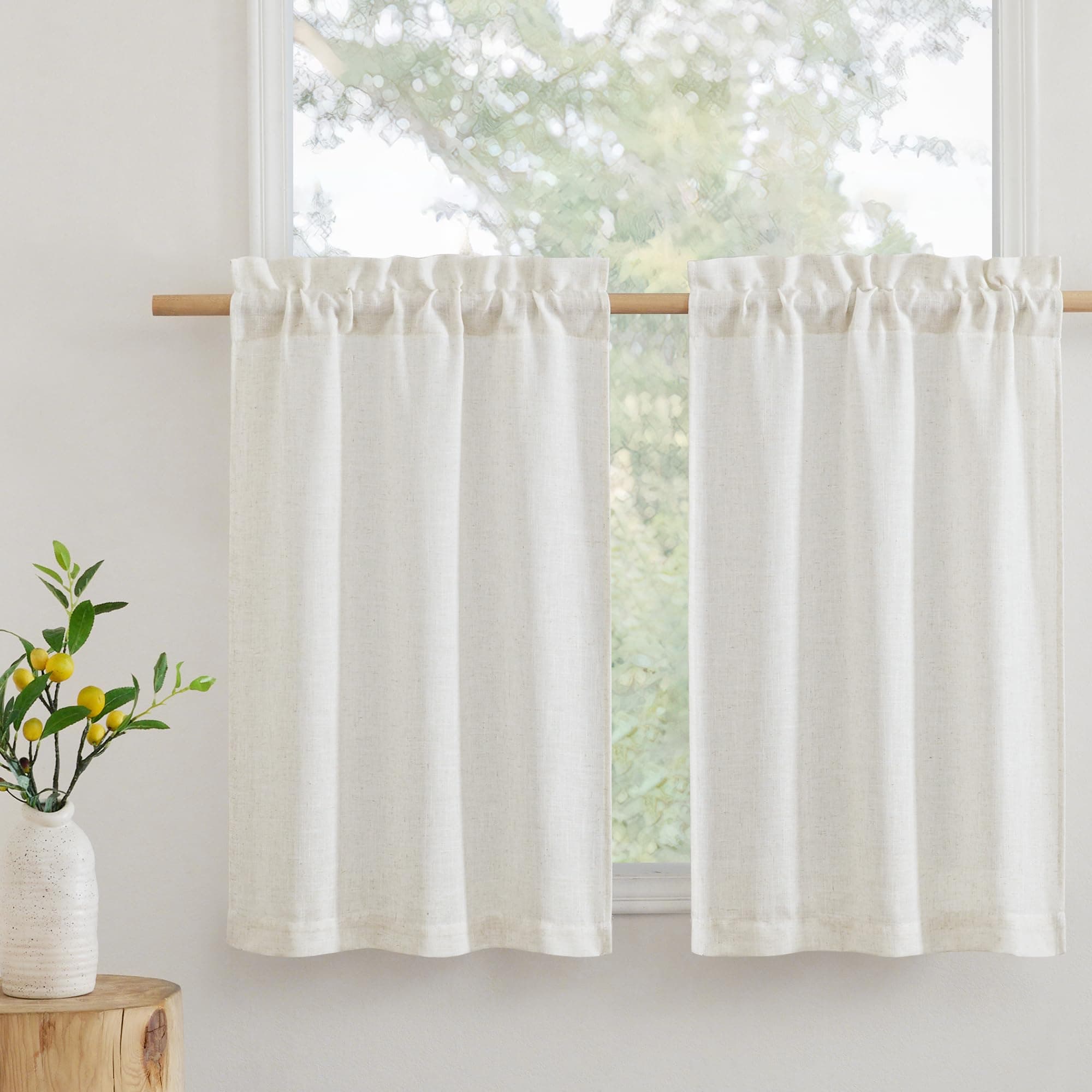 RYB HOME Sheer Valances for Windows, Linen Blend Breathable Boho Rustic Semi Translucent Privacy Protection Ties for Small Window Cafe RV Doorway, W 34 x L 30 inches, Linen, 2 Panels
