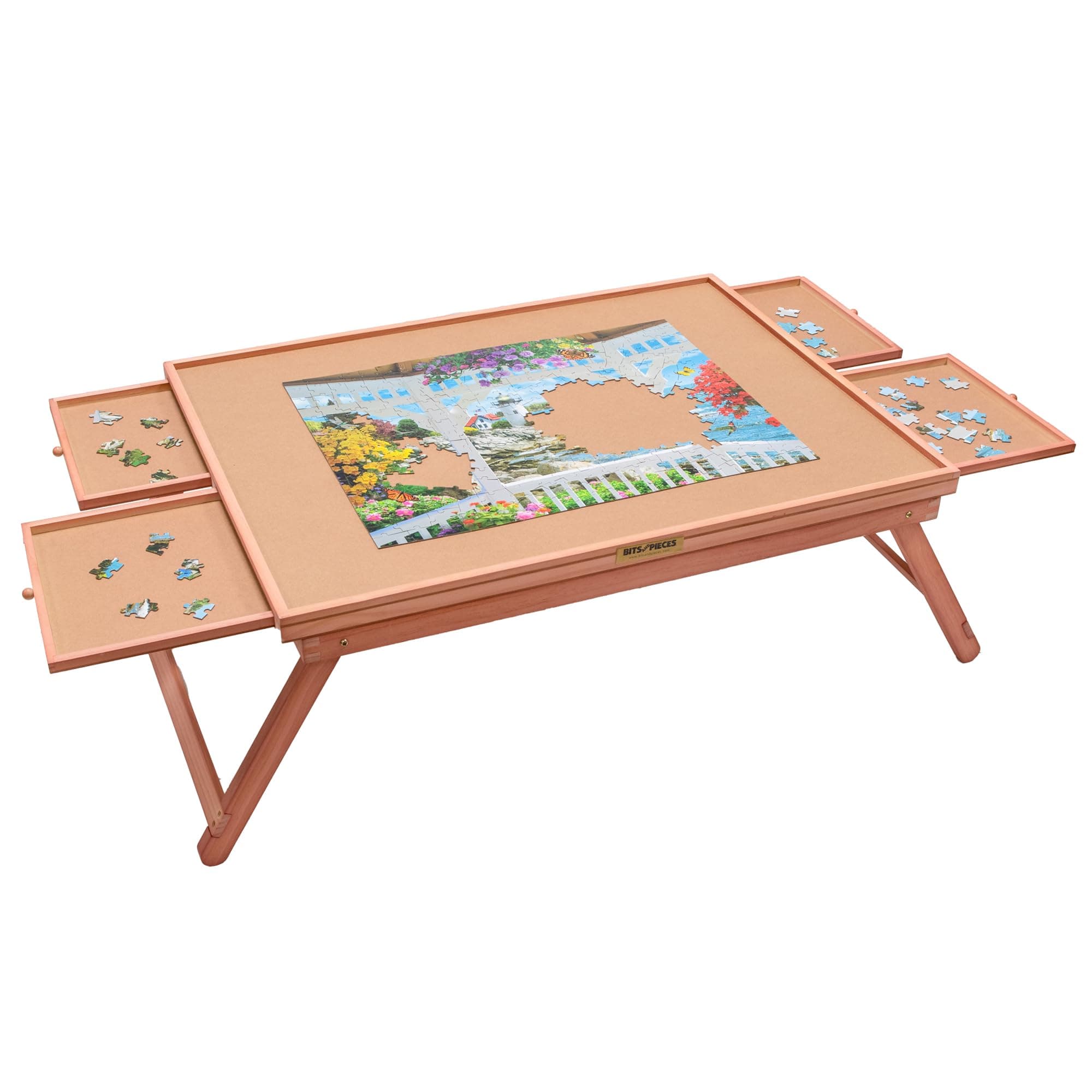 Bits and Pieces Jigsaw Puzzle Board with Drawers, Folding Puzzle Table with Legs and Cover for Up to 1000 Pieces, Measures 13.75" Tall, 21"x29" Assembly Surface