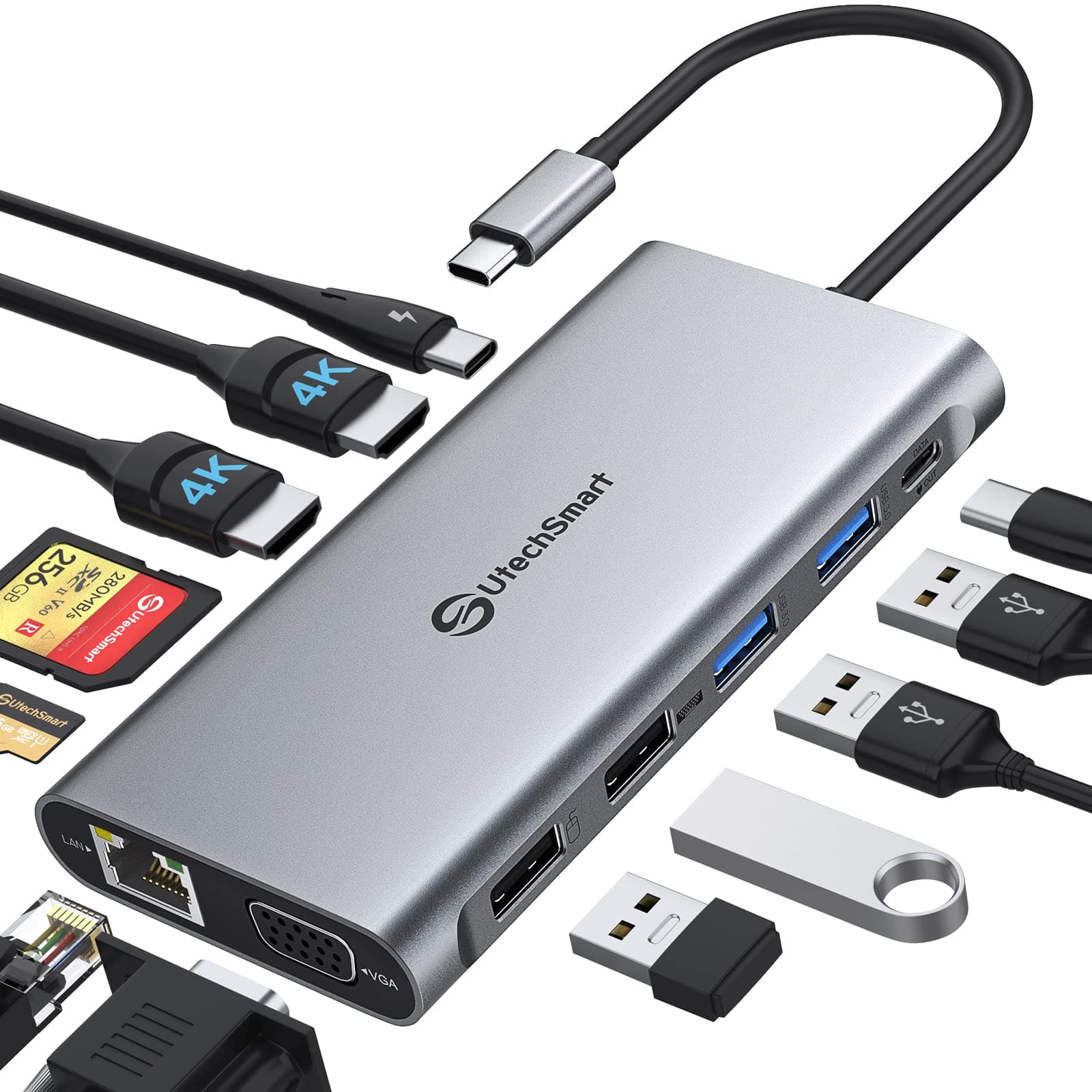 UtechSmart USB C Docking Station Quadruple Display - Docking Station 12 in 1 for Mac&Windows, USB C Dock with USB 3.0 and 4K HDMI for MacBook Pro/Air/M1/M2