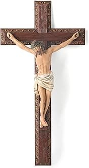 BC Catholic Crucifix Wall Cross Jesus Christ Cross Religious Gift Wood Carving 12" Tall Hand Painted by Buildclassic