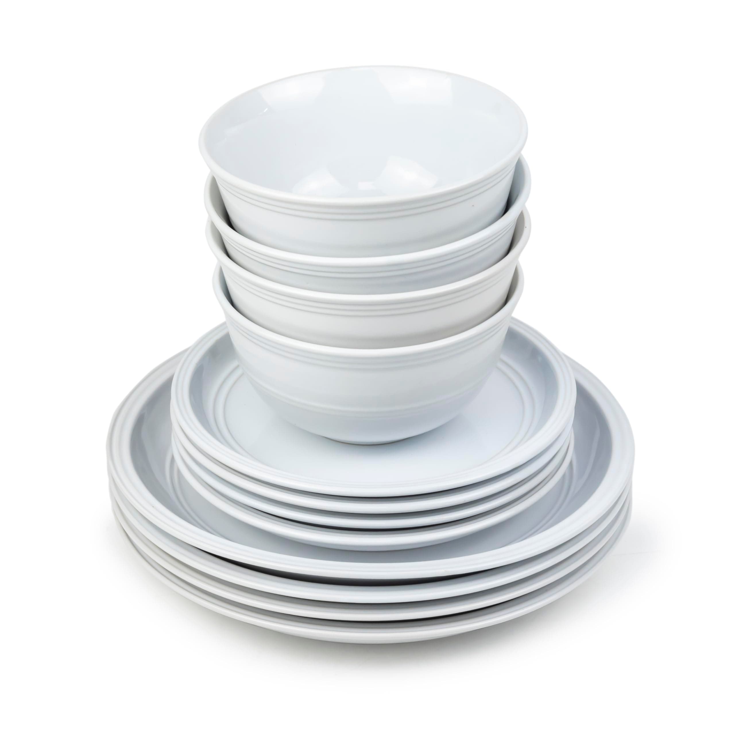 Bone China 12-Piece Stoneware Dinnerware Set - Elegant Ceramic Crockery for 4 - Includes 26cm Dinner Plate, 20cm Salad Plate, and 15cm Bowl in White