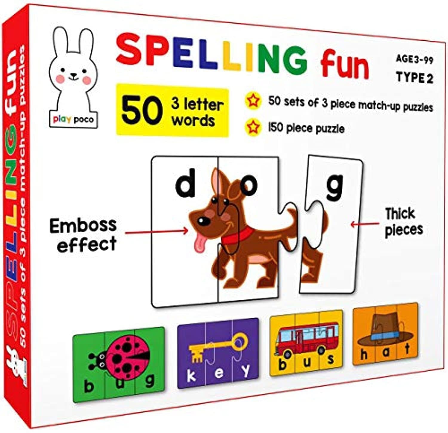Play Poco Spelling Fun Type 2 - 150 Piece Spelling Puzzle - Learn To Spell 50 Three Letter Words - Beautiful Colorful Pictures (Age 4+)