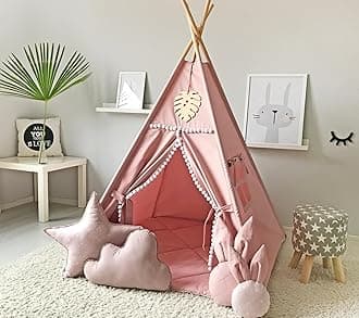 Kids Teepee Tent with White Pom Pom - Indoor Play Teepee for Children Boys Portable Play House (Pink)