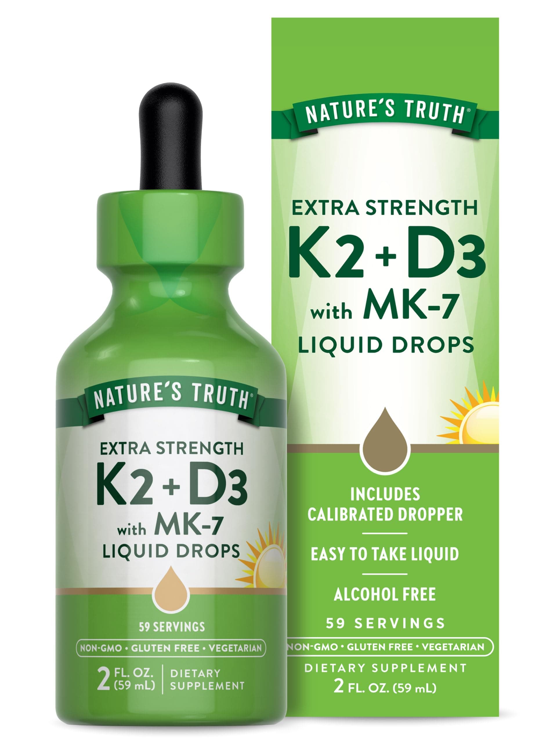 Vitamin D3 K2 Liquid Drops | with MK-7 | 2 Fl Oz | Vegetarian, Non-GMO & Gluten Free Supplement | Essential Support