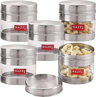 HAZELHAZEL Stainless Steel Masala Container I Set of 5 Transparent Masala Boxes for Kitchen I See Through Small Container for Spices I Capacity of 350 ml, Silver Color Box with Matt Finish