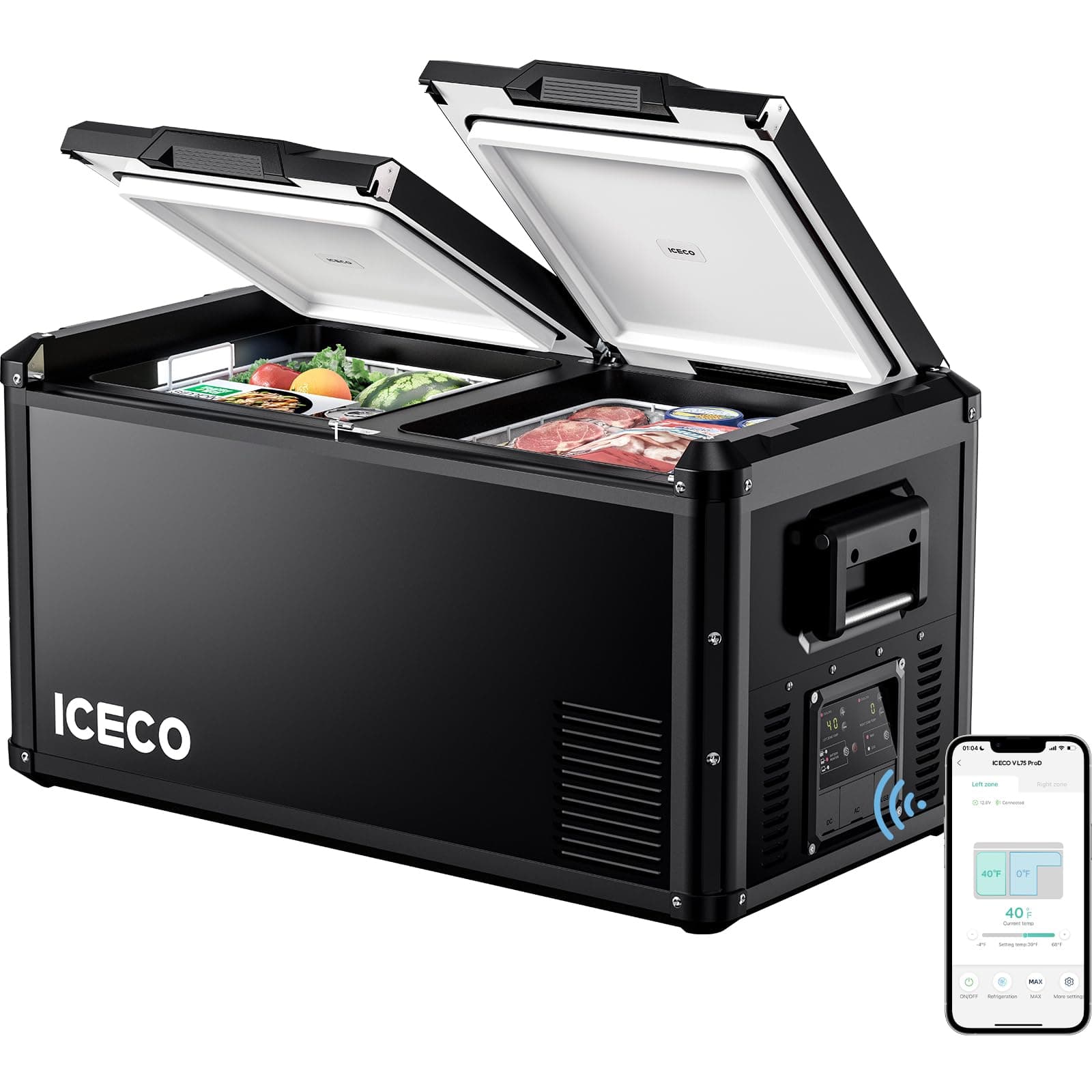VL75 ProD Portable Refrigerator, Multi-directional Lid, Dual USB & DC 12/24V, AC 110-240V, 75L Dual Zone Steel Compact Refrigerator Powered by SECOP, 0℉ to 50℉, Home & Car Use [Upgrade]