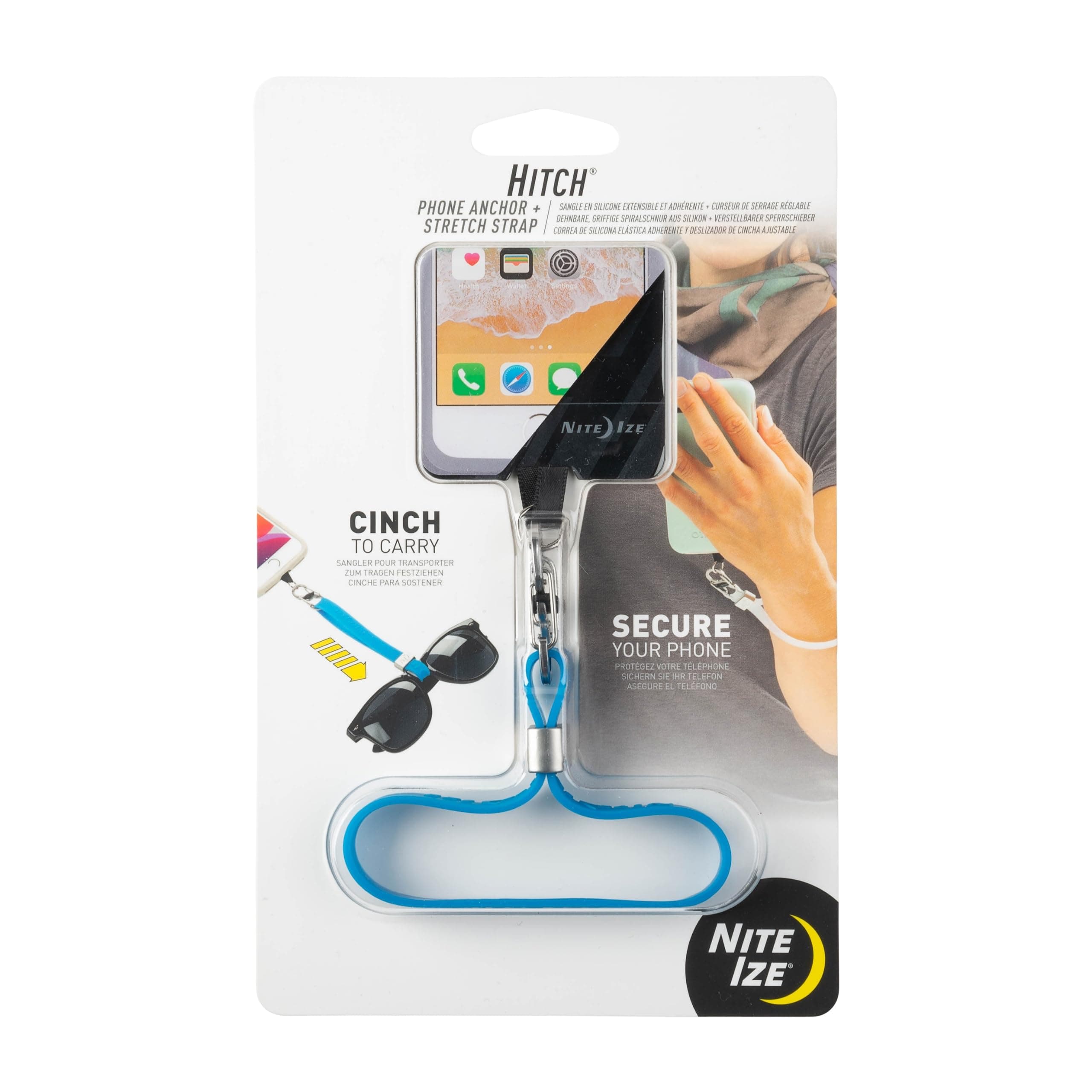 Hitch Phone Anchor + Stretch Strap, Adjustable Lanyard Clips to Phone, Cinch Earbuds Case/Hand Sanitizer/Lip Balm/Sunglasses, Blue