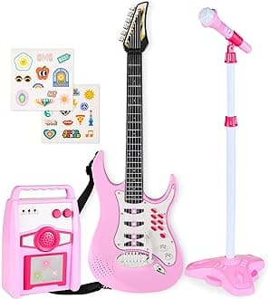 Best Choice Products Toy Kids Guitar Play Set Bundle, Pretend Play Toddler Electric Guitar Kit with Interactive Microphone, Amp, Whammy Bar, 6 Demo Songs and 2 Sticker Sheets - Soft Pink