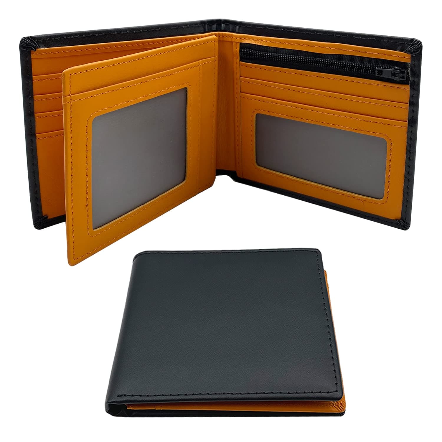 Genuine Leather Mens Wallets RFID Blocking Bi-Fold Card Holder Wallet with Zip Coin Pocket Flip Out ID Window Gifts for Men (Black Orange)