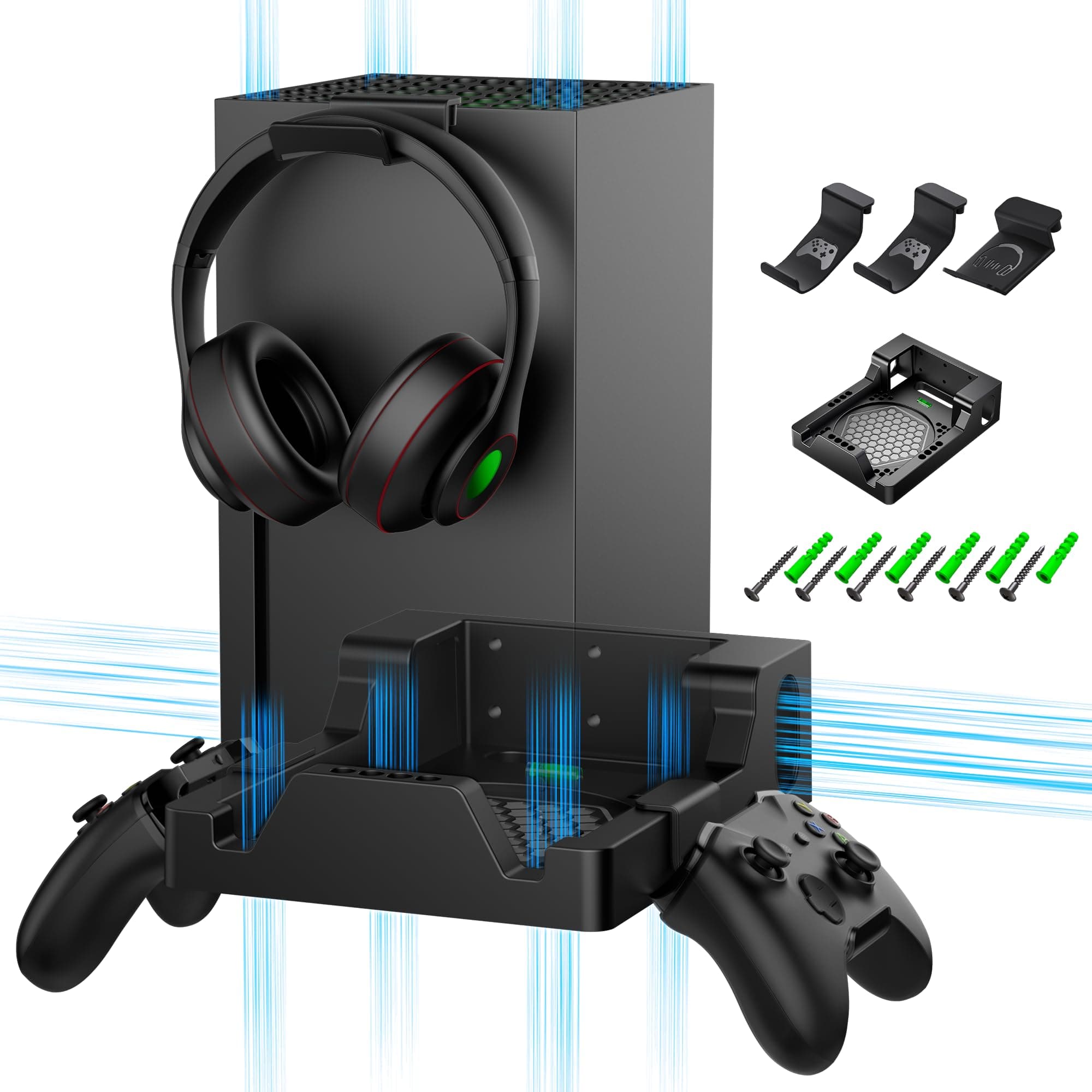 Wall Mount for Xbox Series X, ZAONOOL Strudy Wall Mount Kit for Xbox Series X with Two Detachable Controller and Headphone Holder, Dual Ventilation Design, Place The Console Facing Forward