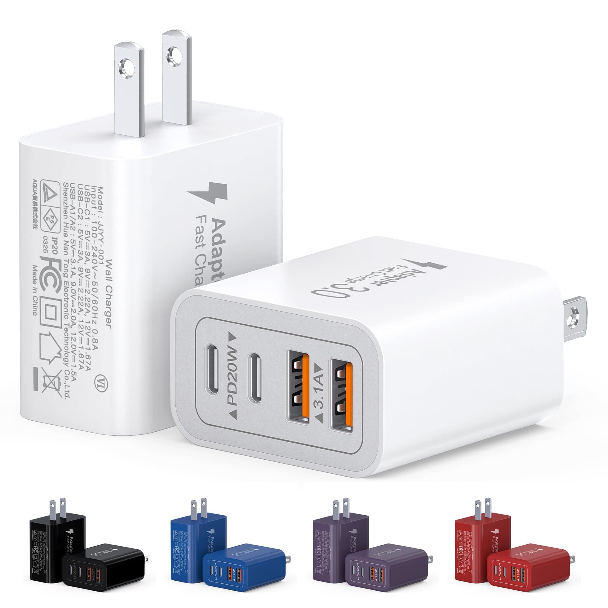 40W USB C Charger Block, 2-Pack 4-Port Type C Fast Charging Brick Dual PD&QC Wall Plug Adapter Compatible for iPhone13/14/15/16/17 Pro/Pro Max/iPad, Airpods, iwatch, Samsung Galaxy