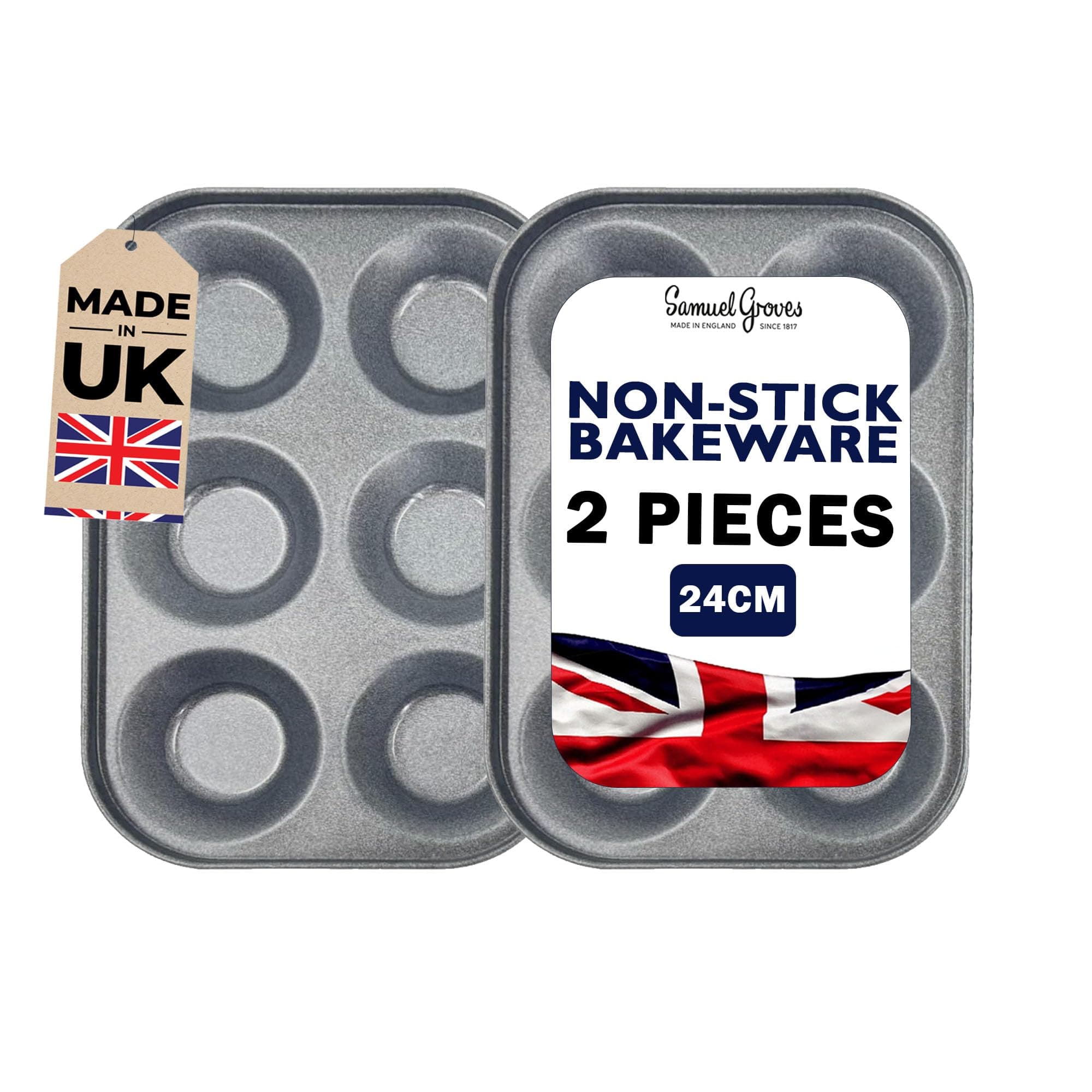 Samuel Groves2 Pack Bun Yorkshire Pudding, Cupcake, Muffin, Mince Pie Tray, Double Coil Coated Non Stick, UK Made - Perfect for Air Fryer, PFOA & BPA Free (6 Hole)