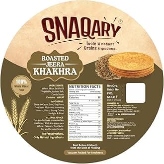 Snaqary All In 1 Whole Wheat Flour Khakhra Roasted Jeera Khakhra, Healthy Indian Snacks, Crispy and Crunchy Delicious Khakhra Snacks, Pack of 2-200g Each.