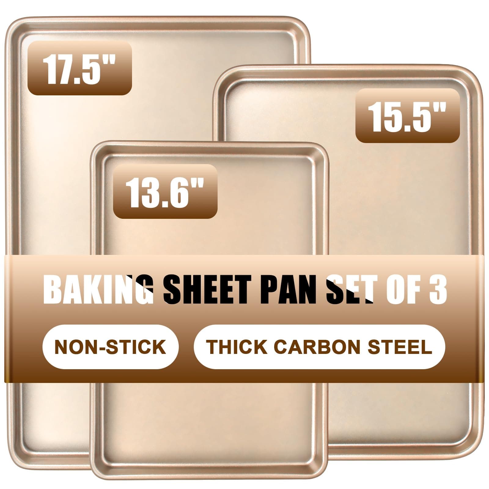 Baking Sheet Pan Set of 3, Commercial Cookie Sheets for Baking, Nonstick Half/Quarter/Jelly Roll Pans Replacement Toaster Oven Tray, Heavy Duty & Easy Clean, Champagne Gold