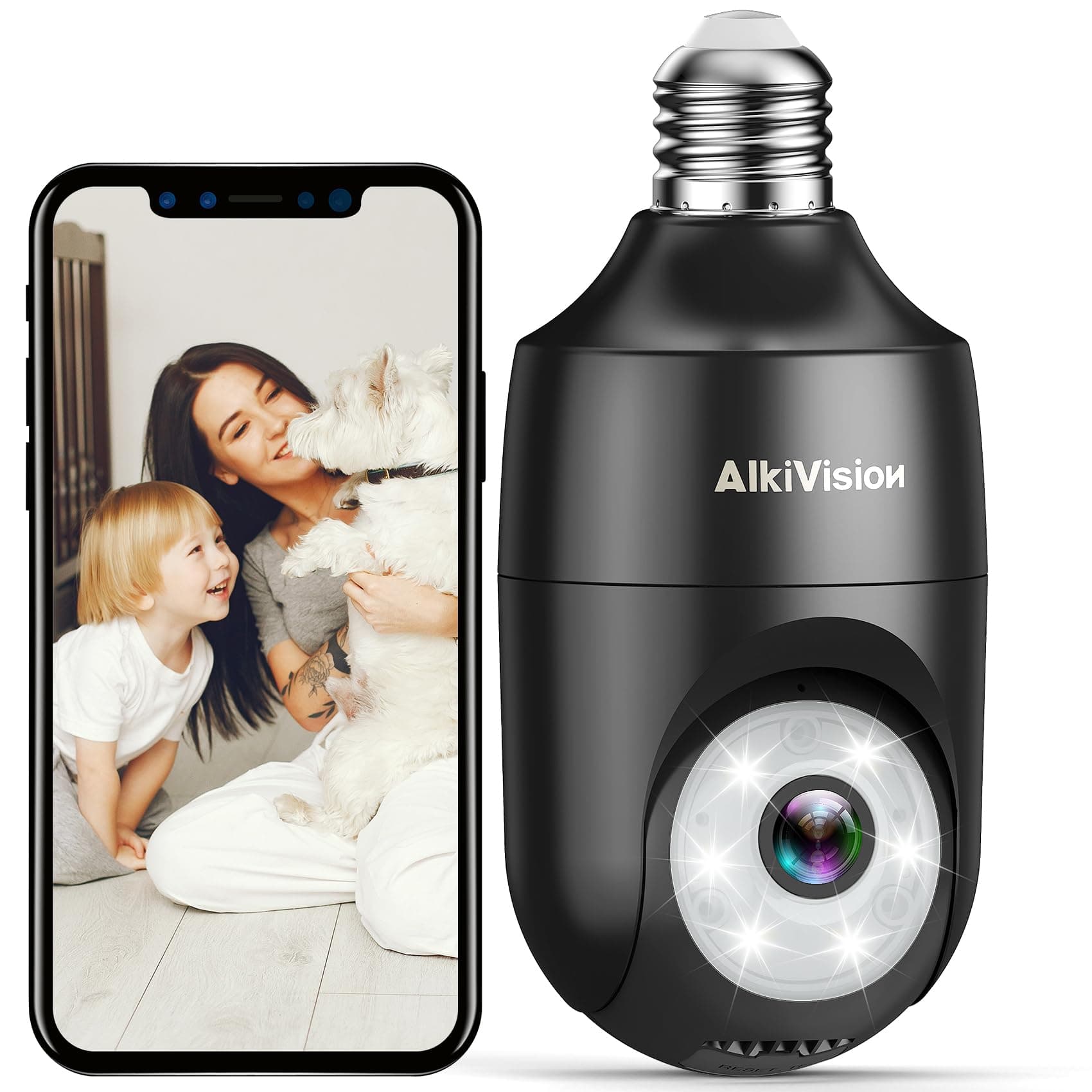 AlkiVision 2K Light Bulb Security Camera Wireless Outdoor - 360° AI Motion Detection Cameras for Home Security Outside, 2.4G Hz, Full-Color Night Vision, Auto Tracking, Siren Alarm, SD/Cloud Storage