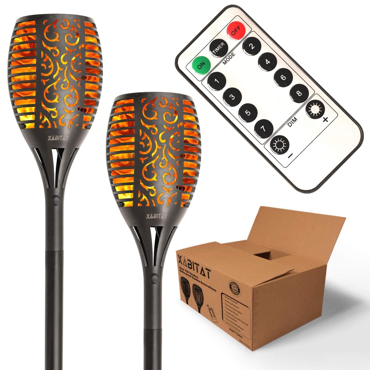 Xabitat Solar Tiki Torch Lights - Remote Controlled Flickering Flame Yard Decorations - LED Waterproof Outdoor Lighting - Patio and Pathway Decor - Suits Lawn Deck and Driveway Decoration - 2 Pack