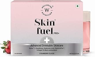 Wellbeing Nutrition Skin Fuel Pro+ | Glutathione, VIT C & E, Vollagen® & PhytoCellTec™ | Reduces Pigmentation & Dark Spots | Skin Whitening | Anti-Aging | Strawberry Flavour, 28 Servings