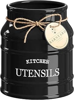 Ceramic Farmhouse Utensil Holder for Kitchen Counter, Large Rustic Utensil Crock, Countertop Cooking Tool Spatula Organizer, 6.75” (Black)