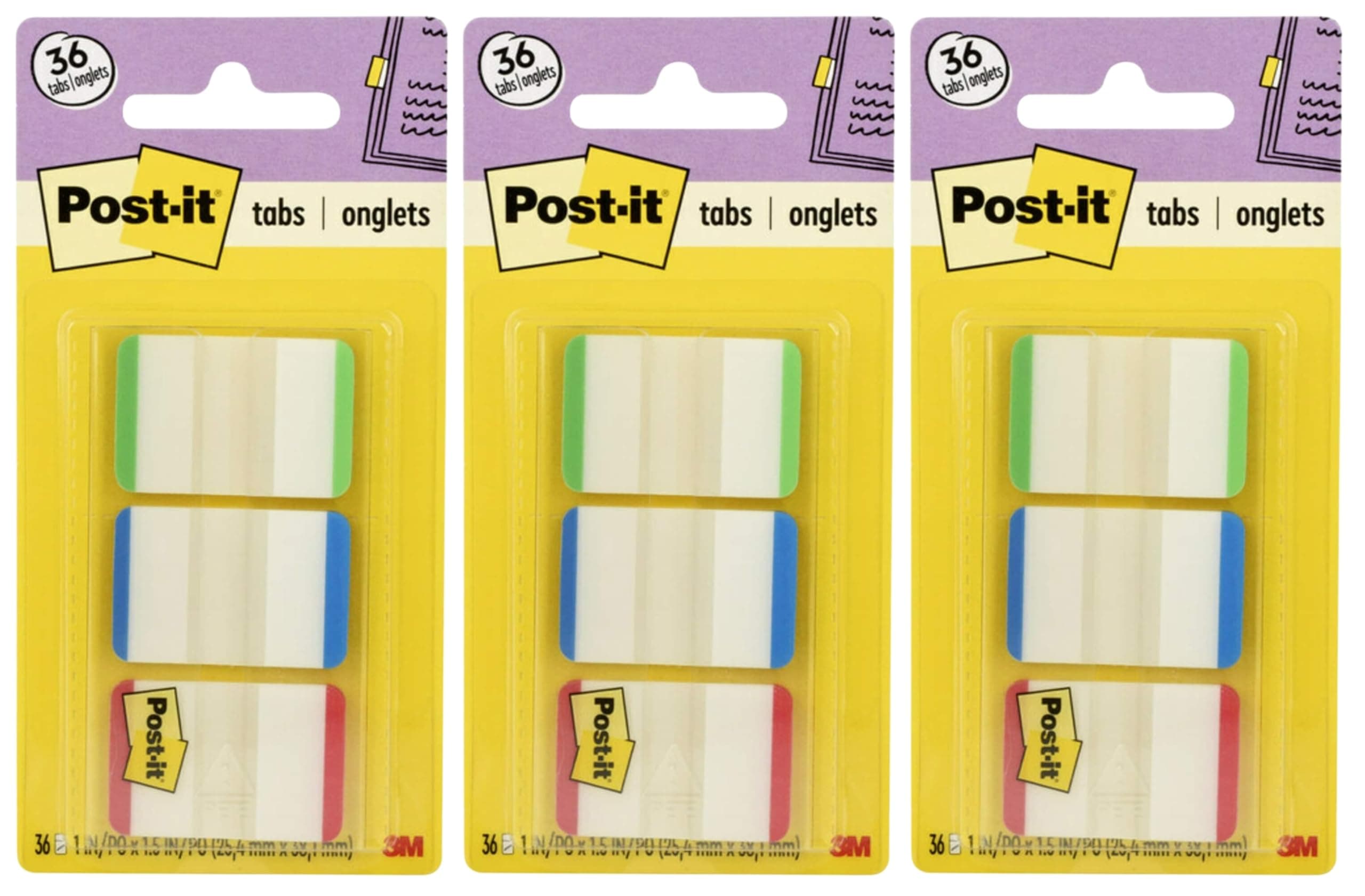 Post-it Tabs with On-The-Go Dispenser, 1-Inch Lined, Green, Blue, and Red, 12-Tabs/Color, 108 tabs/Dispenser