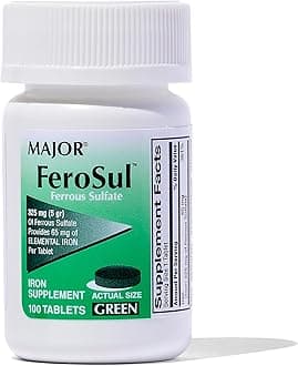 MAJOR FEROSUL 325MG (5GR) GREEN FERROUS SULFATE-325 MG Green 100 TABLETS UPC 309047591824 by Major Pharmaceuticals