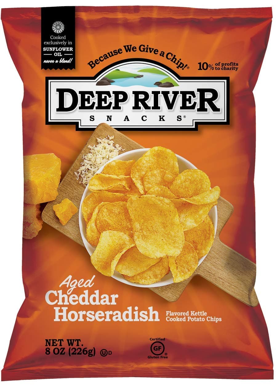 Deep River Snacks Aged Cheddar Horseradish Kettle Cooked Potato Chips, Non GMO, 8 Ounce (Pack of 12)