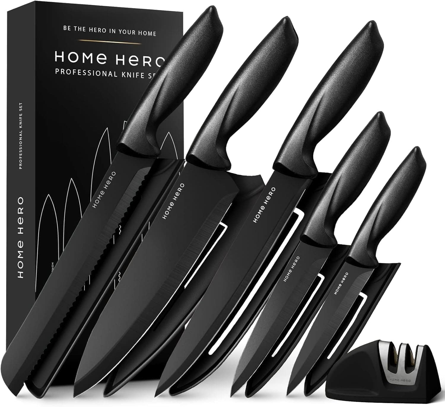 Home Hero 5-Piece Kitchen Knife Set with Protective Sheaths & 2-Stage Sharpener, Black Stainless Steel Chef, Bread, Carving, Utility & Paring Knives
