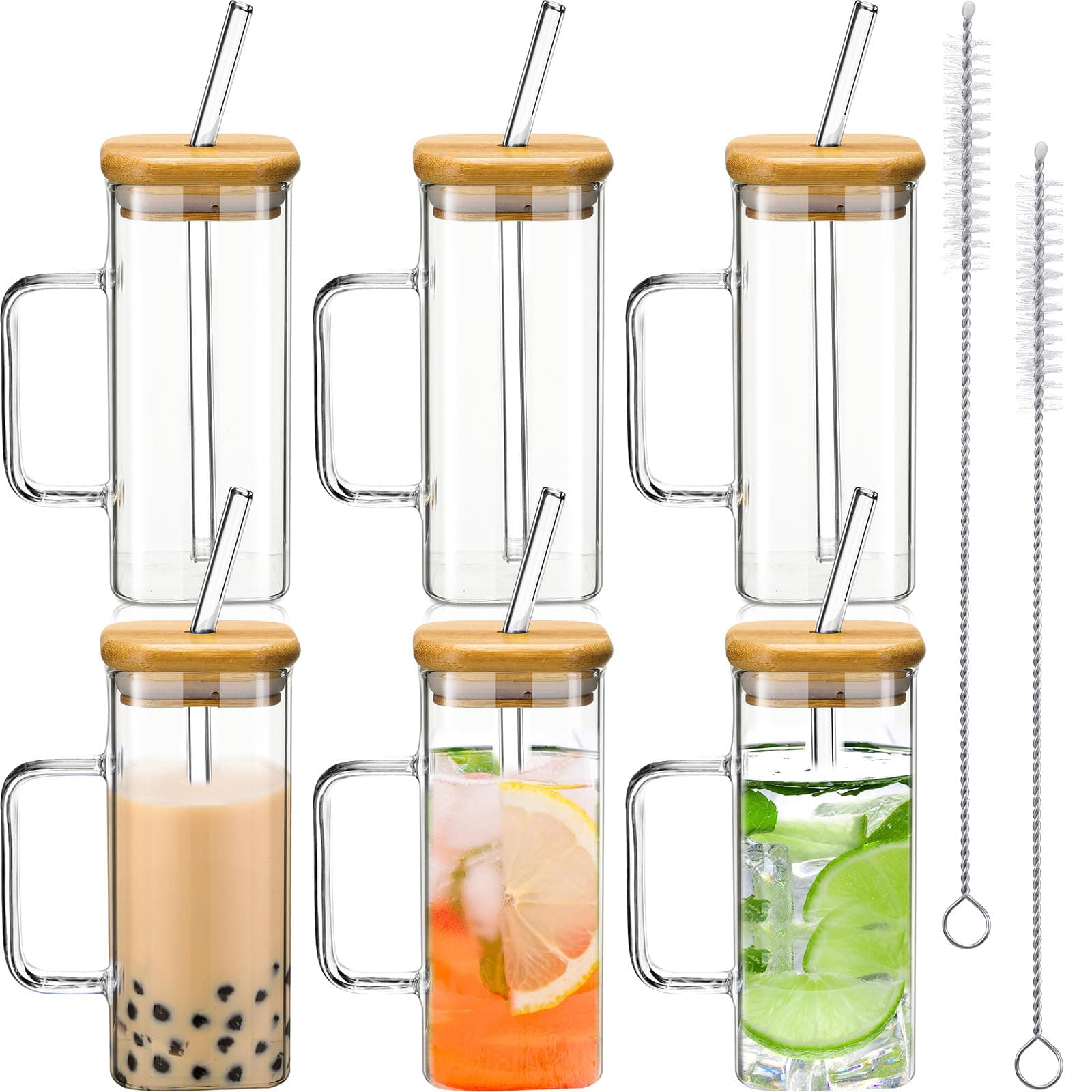 Rtteri 6 Pcs 13.5 oz Square Glass Cups Drinking Glasses with Bamboo Lids and Straw Portable Kitchen Glasses with Color Handles for Home Office Travel Summer Party Supplies(Clear)