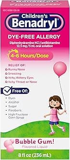 Children’s Dye-Free Allergy Relief Liquid, Allergy Medicine for Kids, 12.5 mg Diphenhydramine HCl Antihistamine, Relieves Runny Nose & Sneezing, Paraben-Free, Bubble Gum Flavor, 8 fl.