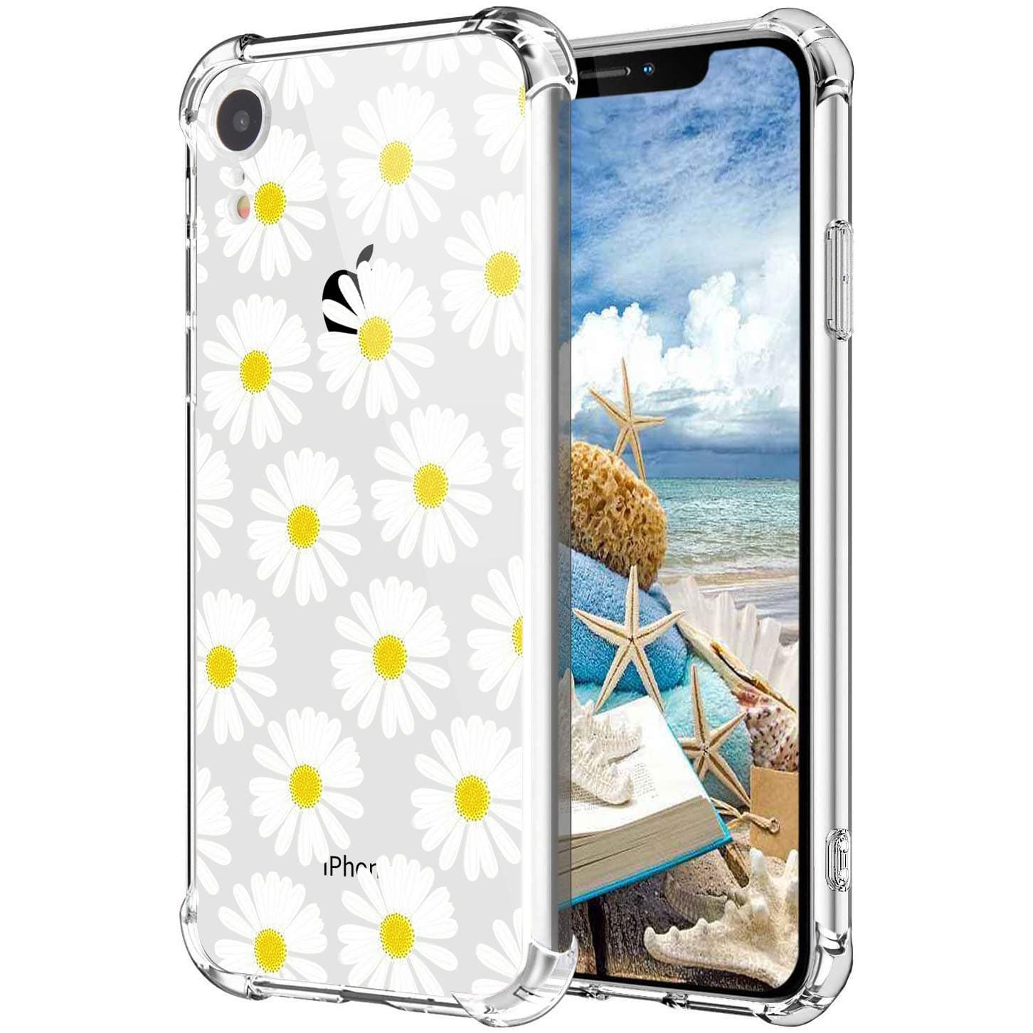 MAYCARI Daisy Flower Pattern Printed Clear Design Phone Case for iPhone Xs, Shockproof Hard PC Back + Soft TPU Bumper Scratch-Resistant Cover with Reinforced Corners