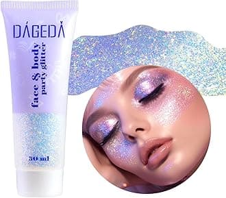 DAGEDA Body Glitter Gel, Holographic Face Glitters Body Gel Shimmer Liquid Eyeshadow, Color Changing Glitter for Face Hair Nails, Glitter Under Light Festival Glitter Makeup 1.7oz (Galaxy Blue)