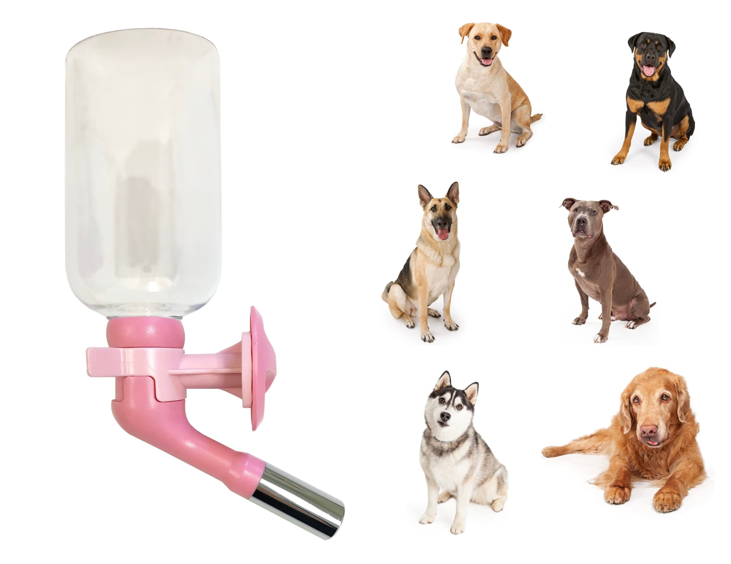 Choco Nose Patented No-Drip Water Bottle/Feeder for Large Dogs Over 50 lbs - Wire Cages, Crates or Kennels. 16 oz. X-Large Nozzle 22mm, Pink