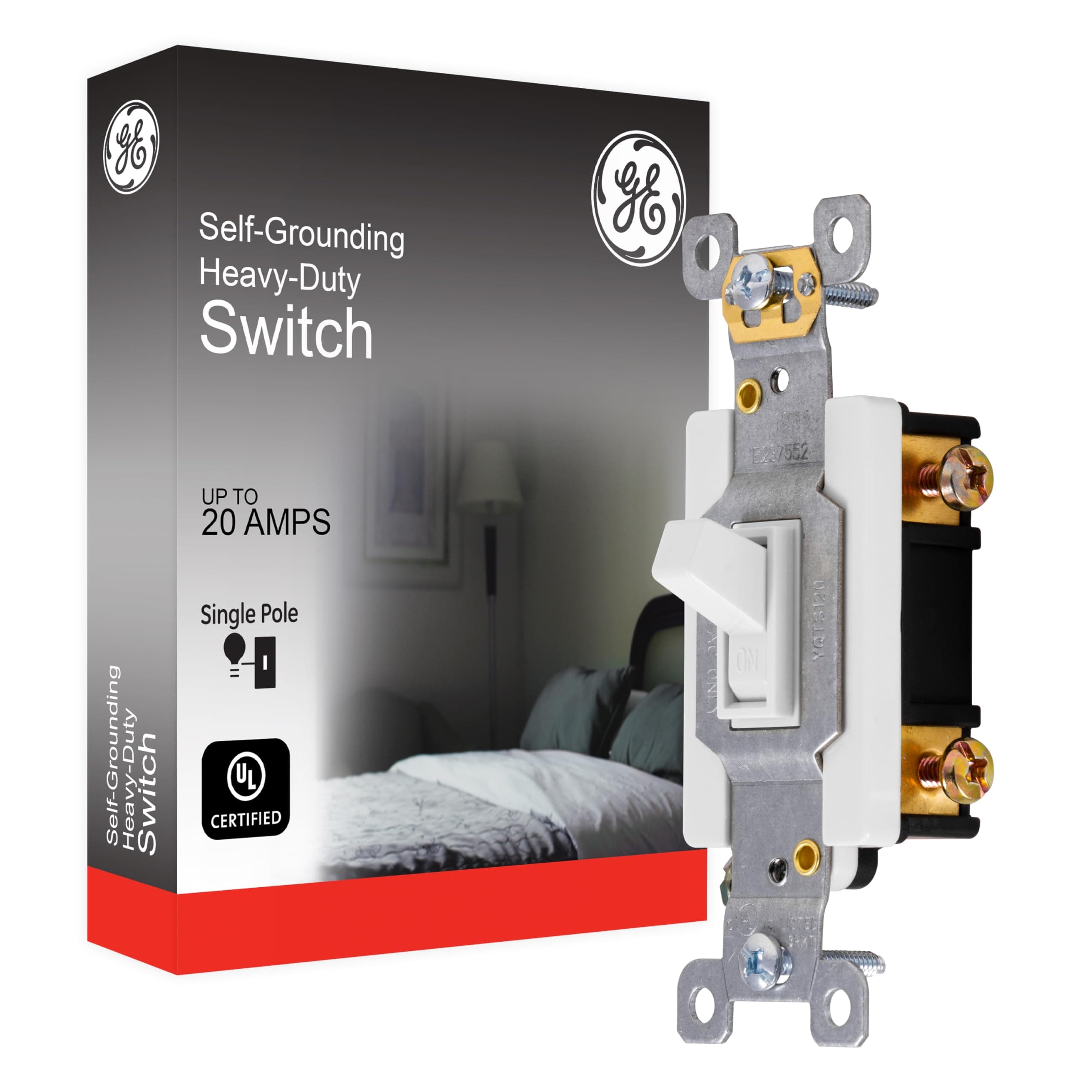 GE Heavy-Duty, Single Pole, in-Wall, Light, Fan, One Switch Circuits, Self-grounding Clip, Easy to Install, 20A/120V AC, UL Listed, White, 42160