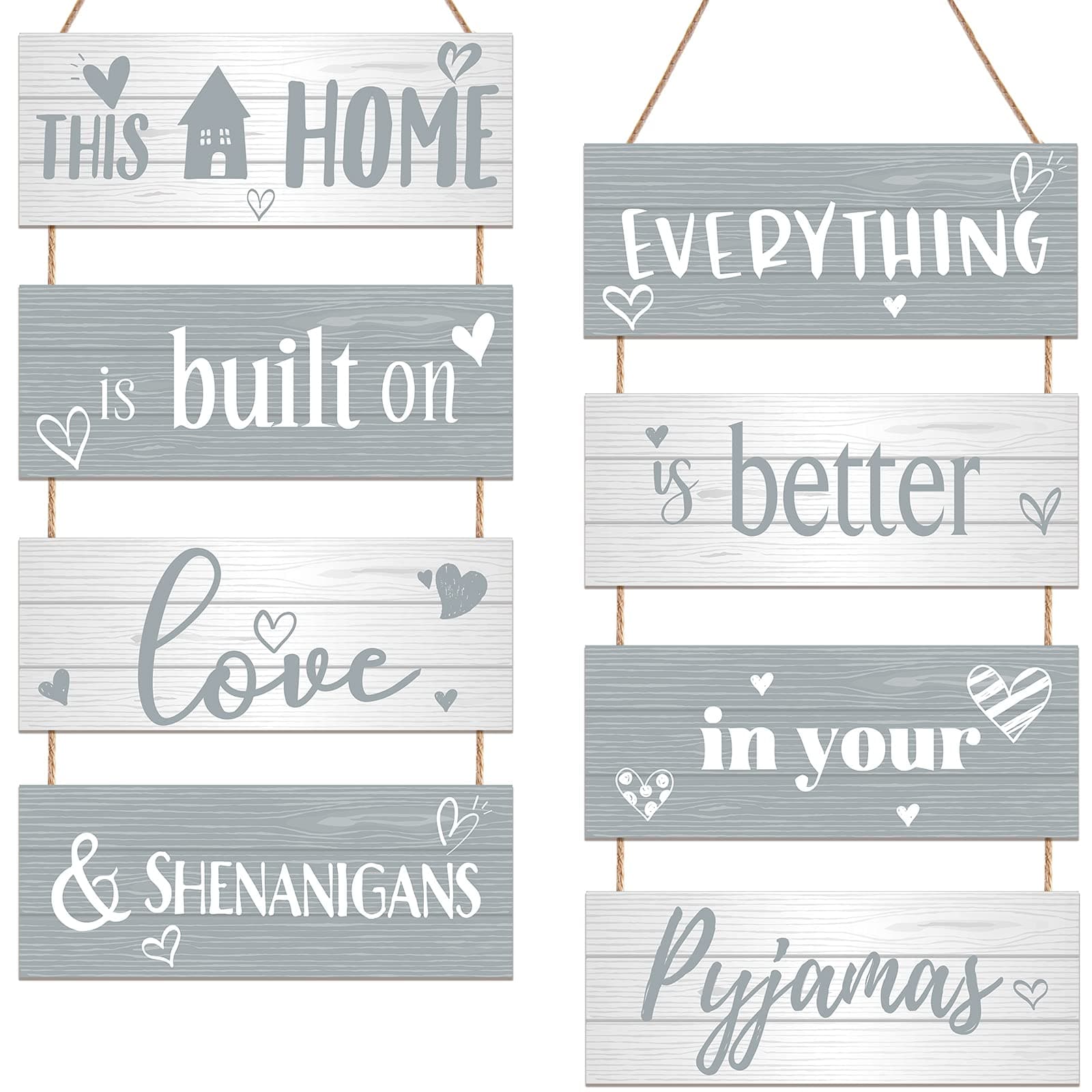 Jetec 2 Sets This Home Is Built on Love and Shenanigans Hanging Wood Sign Everything Is Better in Pajamas Hanging Door Decor Sign Wooden Wall Decoration for Hallway Living Room Bedroom Indoor Outdoor