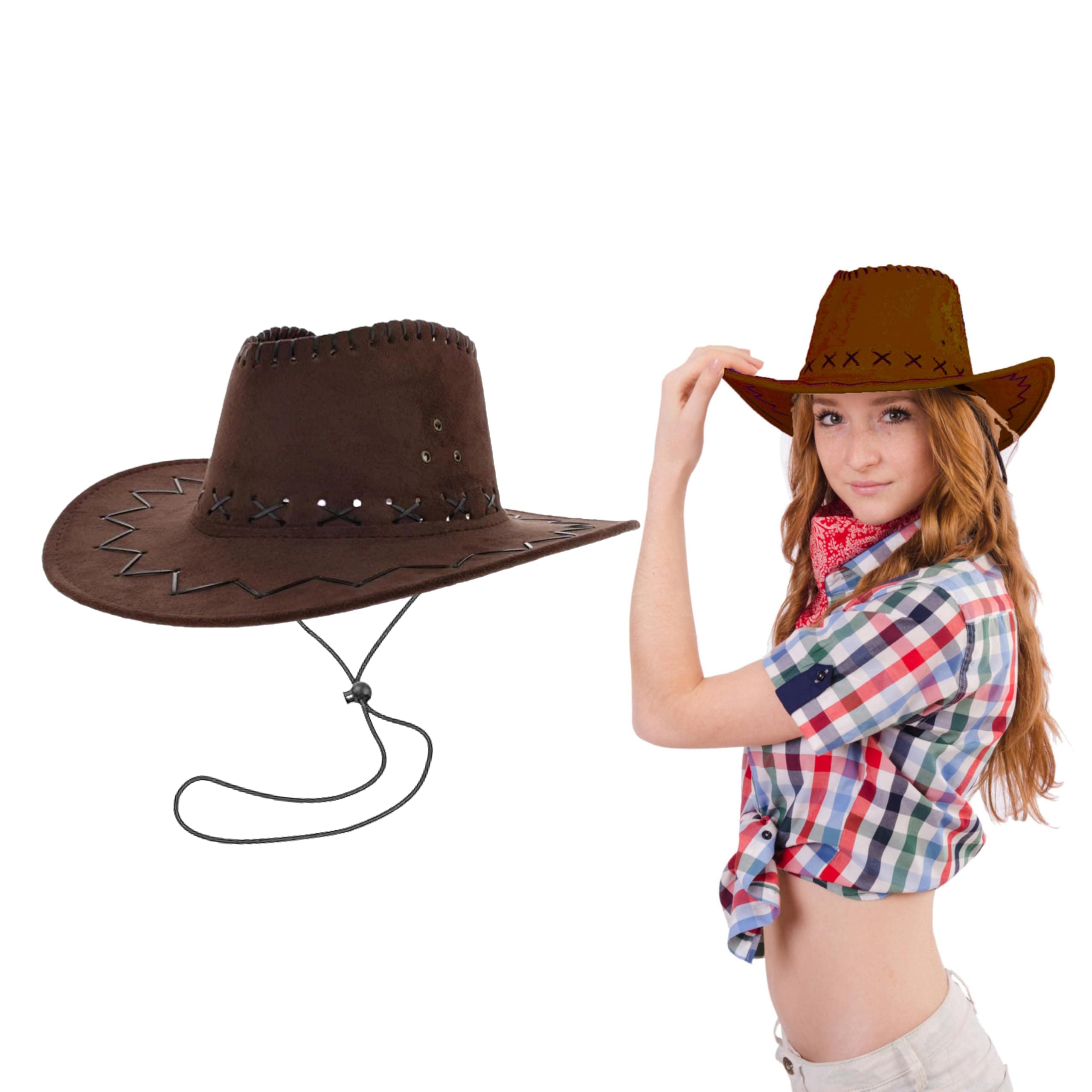 Lizzy 1 x Adult Cowboy Hat Faux Suede Material with Cross Hatch Stitching Det...