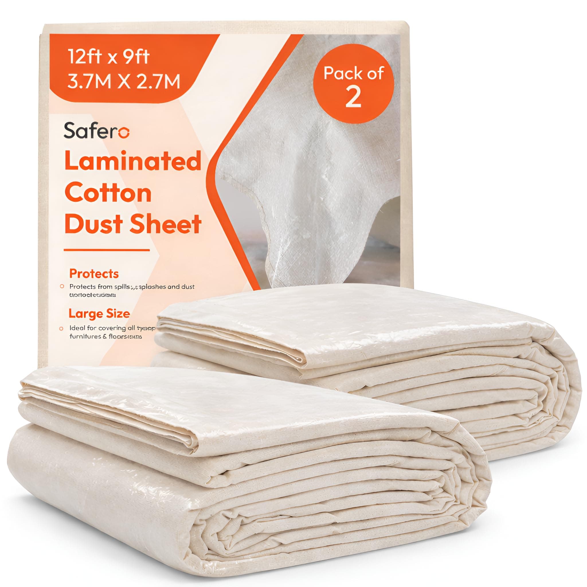 Pack of 2 Laminated Cotton Dust Sheets for Decorating & Painting Size 12ft X 9ft | Waterproof Paint Cover Sheets Backed with Plastic Polythene Sheeting | Drop Cloth for, Furnitures, Floor, StairCase