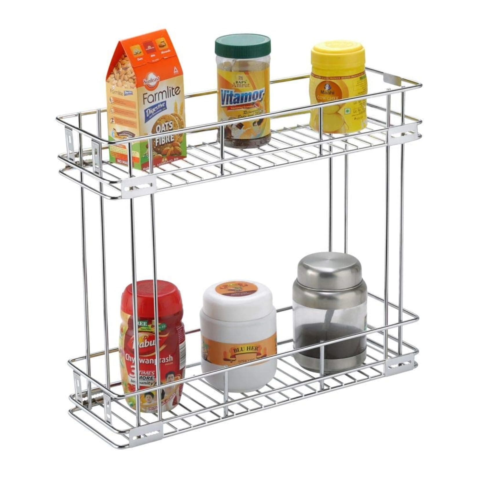 SmartSlide 2-Tier Stainless Steel Bottle Pull out Basket for Modular Kitchen/Kitchen Cabinet Drawer/Multipurpose Container Shelf Organizer/Kitchen Trolley (8 X 20 X17 INCH)