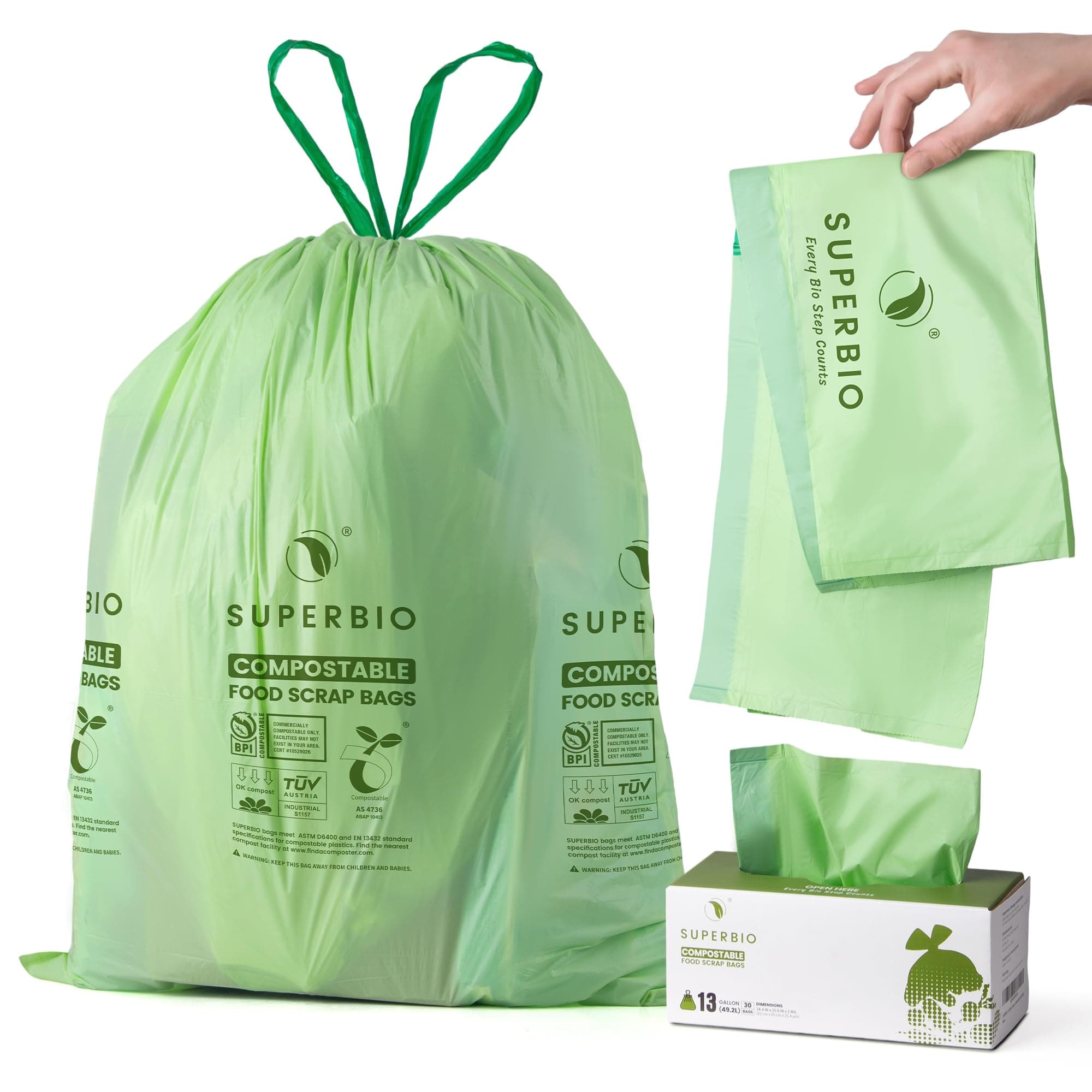 13 Gallon Compostable Drawstring Kitchen Waste Bag, 49.2 Liter, 30 Count,1 Mil, Heavy Duty Food Scrap Bags, BPI, Seedling and OK compost INDUSTRIAL