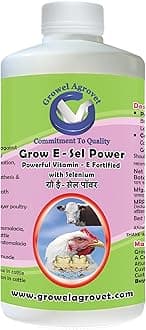 Growel Agrovet Grow E-Sel Power: Vitamin - E with Selenium and Biotin for Poultry, Cattle, Horses, Pigs, Goats, Sheep, Pigeons, and Birds - 250 ml.