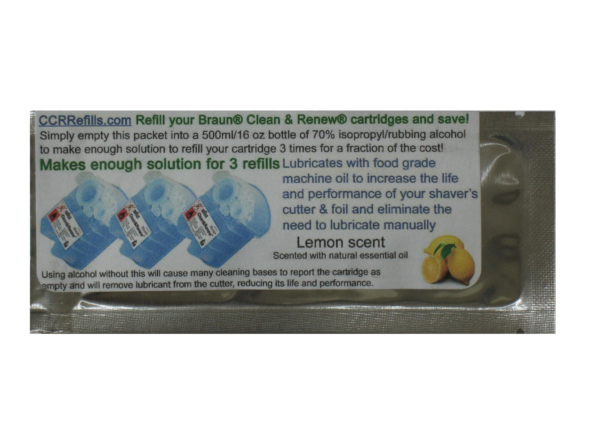 Refill Solution compatible with Braun® Clean & Renew® CCR3 Shaver Cartridges (Lemon, 25 Packet (75 refills))