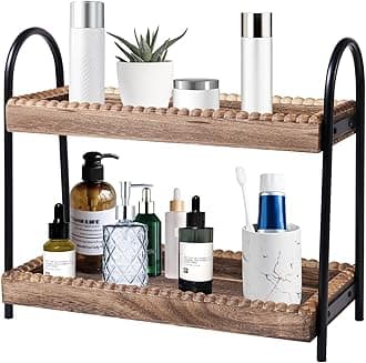 Bathroom Countertop Organizer, 2 Tier Vanity Organizer and Storage for Cosmetic Skincare Perfume, Wood Bead Storage Shelf for Bathroom Kitchen Coffee Station