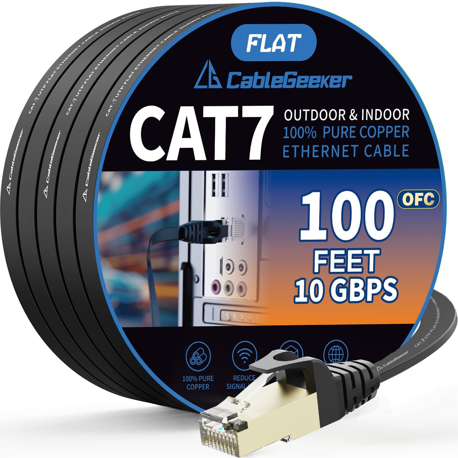 Cat 7 Shielded Ethernet Patch Cable 100 ft Black (Highest Speed Cable) Cat7 Flat Internet Network Cables with Snagless RJ45 Connector for Modem, Router, LAN, Computer + Free Clips and Straps