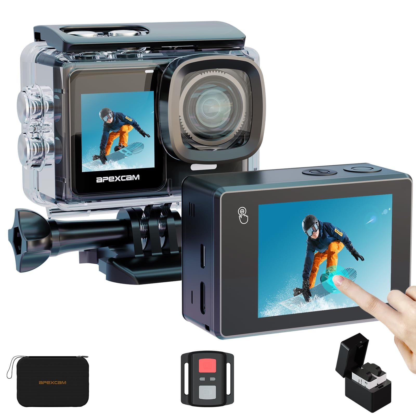 Apexcam4K/30FPS Action Camera Dual Touch Screen EIS 20MP 40M Waterproof Sports Camera Ultra HD 170°Wide-Angle 2.4G Remote Control Support External Mic 2 Rechargeable Batteries and Accessories Kit