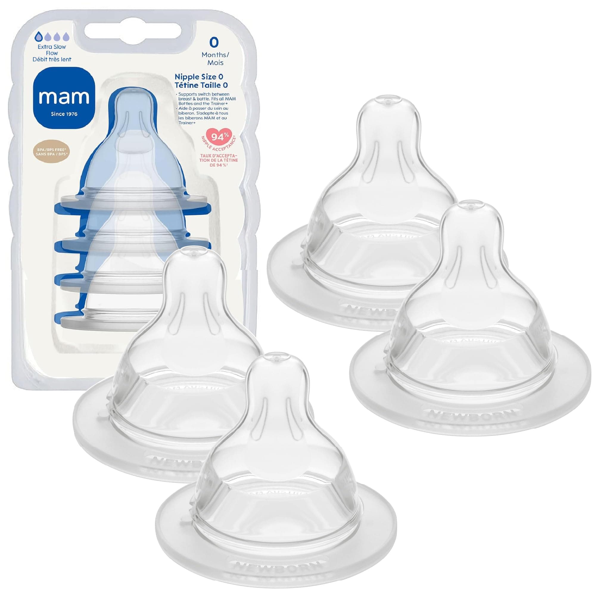 MAM Bottle Extra Slow Flow Size 0, for Newborn Babies and Older, SkinSoft Silicone for Baby Bottles, Fits All MAM Bottles, 4 Count (Pack of 1)
