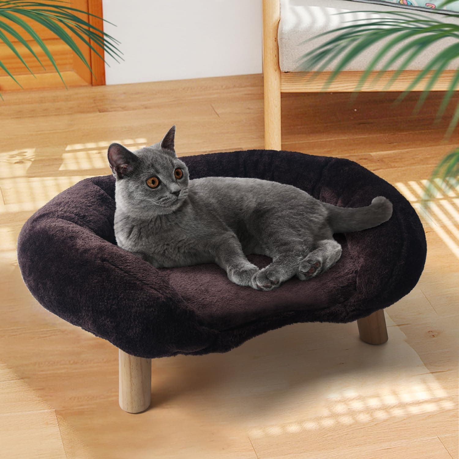 Elevated Pet Bed, Cat Dog Stool Sofa with Sturdy Wood Legs Pet Chair, Plush Pet Bed, Round Warm Cuddler Kennel Soft Puppy Sofa for Small Dog Kitten.Round Cat Sofa Holds 120 Lbs(Brown)