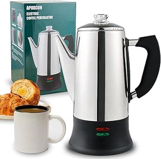 APOXCON 12 Cup Electric Coffee Percolator with ETL Certification, Stainless Steel Coffee Maker with Two Simple Glass Knobs, Cord-less Sever Portable Percolator Coffee Pot for Quick Brew
