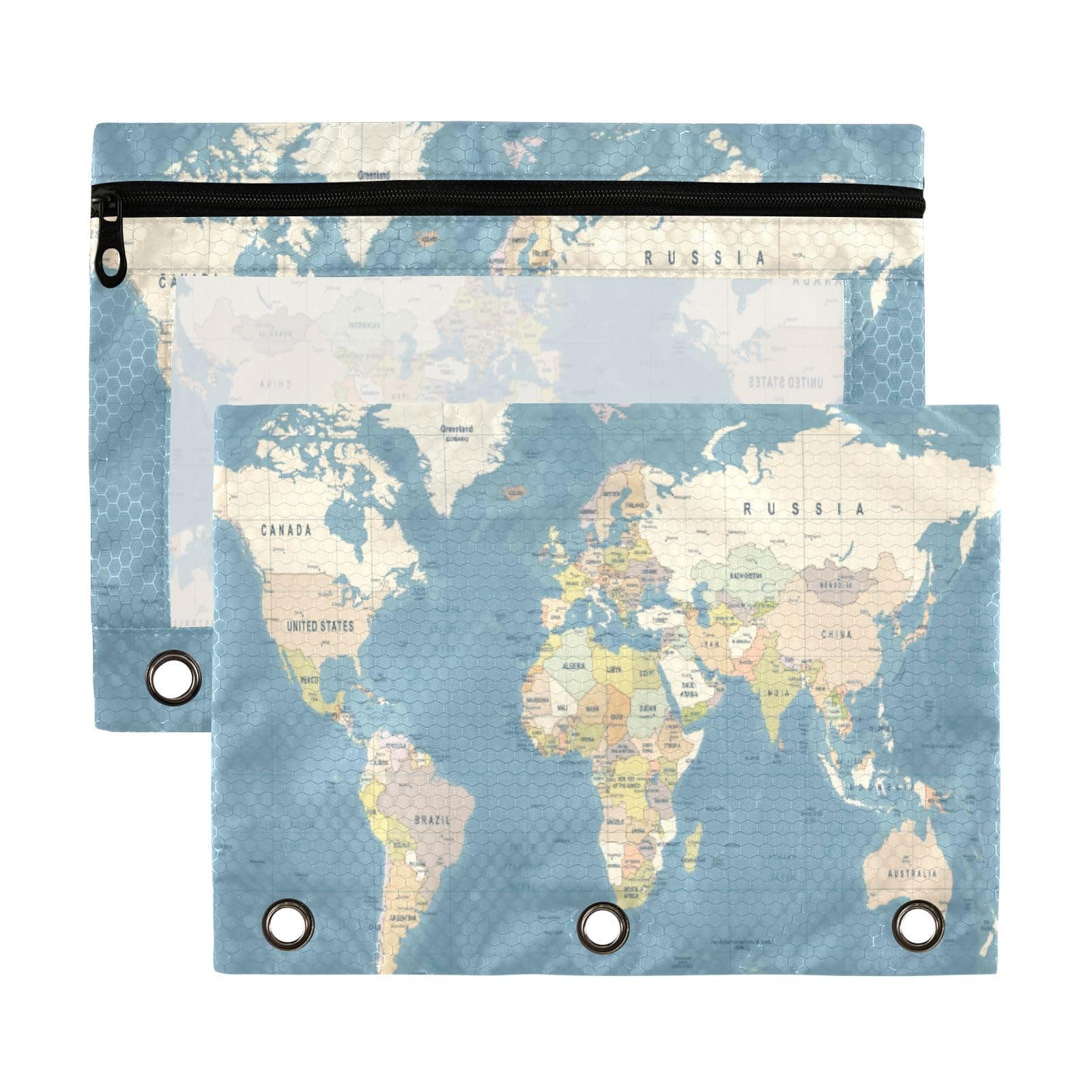 KLL 2 Pack Binder Pencil Pouch 3 Ring Zipper Clear Window Pen Case Big Capacity Cosmetic Bag Storage Container for Storing Office Supplies World Map